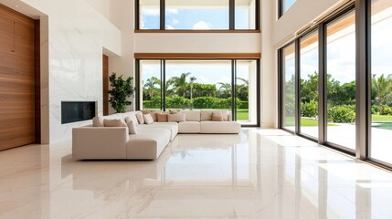 A bright, modern living room with large windows, elegant furniture, and a minimalist design, showcasing a view of greenery outside.