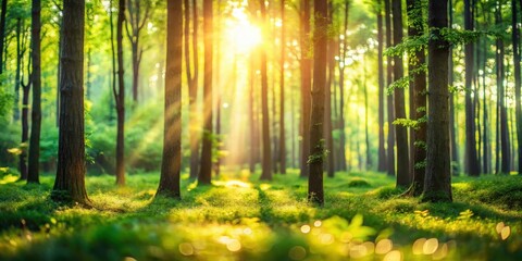 Obraz premium A serene forest scene featuring trees in focus while the background is softly blurred by sunlight, creating a beautiful defocused bokeh effect , garden, sunny day