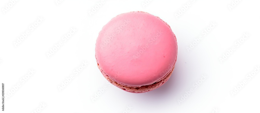 Poster Flat lay of a pink hazelnut macaroon on a white background with soft shadows and ample copy space around the circular dessert for design use