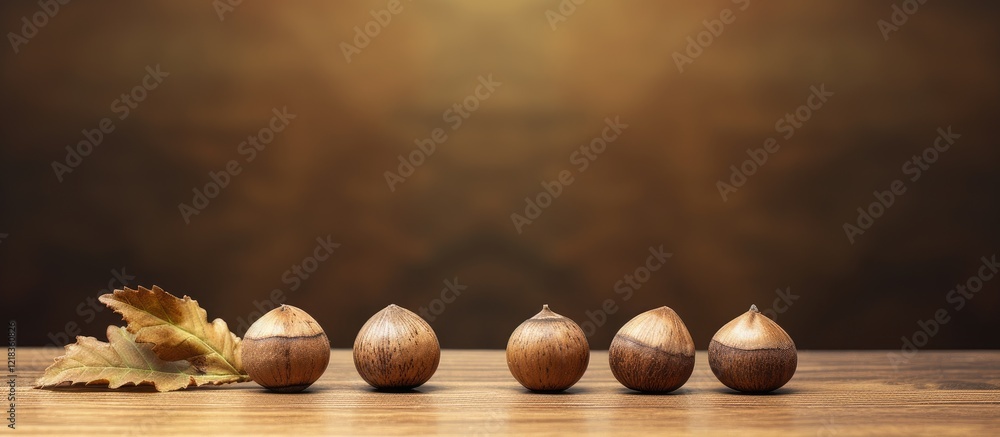 Aufkleber Natural oak acorns positioned in a row on a rustic wooden desk with a warm blurred brown background and a leaf on the left side of the image