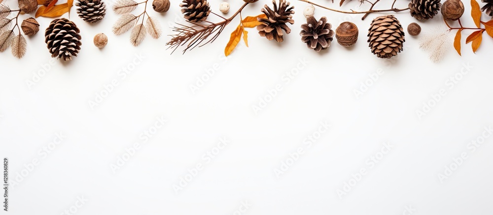 Poster autumn foliage composition with brown pine cones and orange leaves arranged on a white background cr