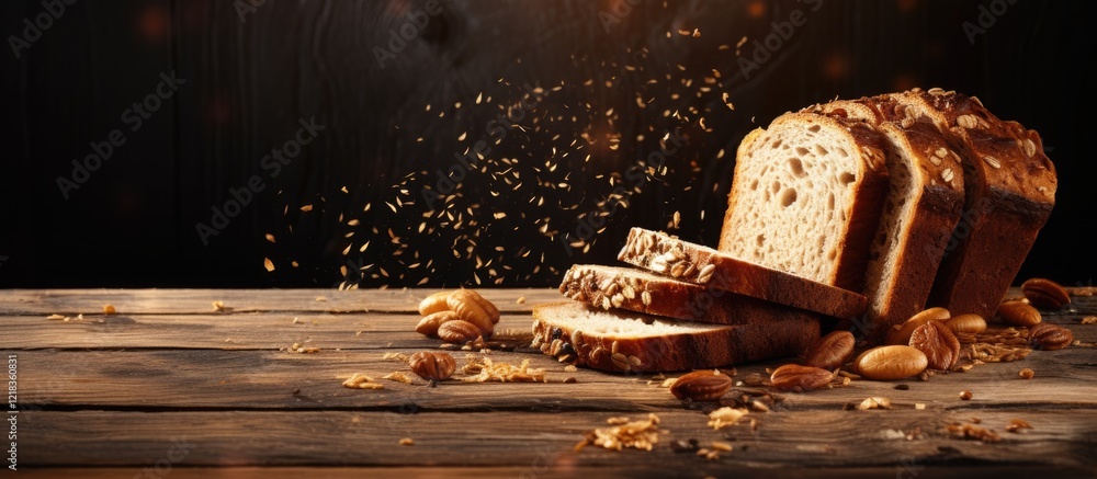 Poster sliced brown bread with seeds on a rustic wooden surface with scattered grains creating a fresh whol