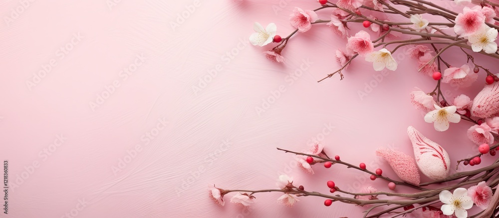 Poster spring themed easter flat lay with pastel pink backdrop featuring willow branches and blossoms arran
