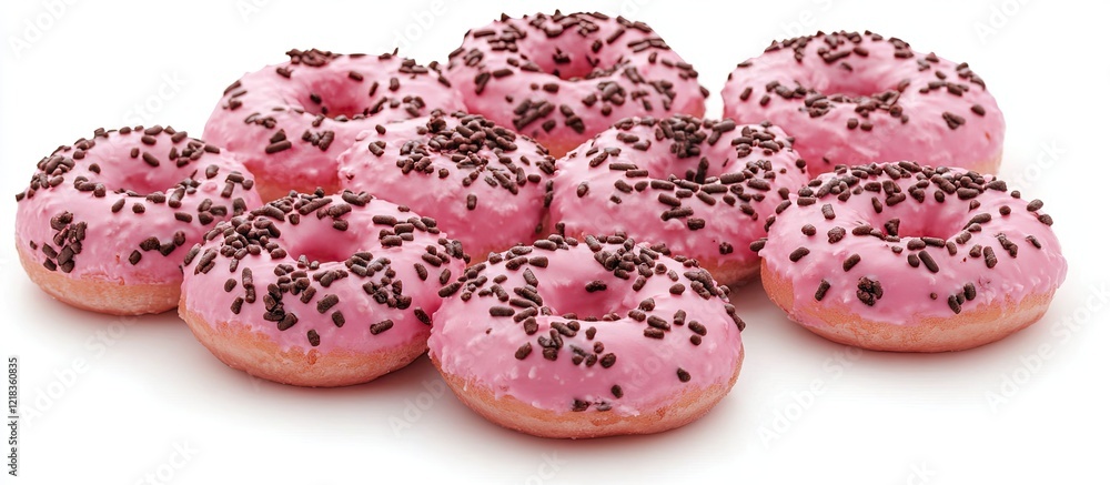 Poster delicious pink frosted donuts topped with chocolate sprinkles arranged on a white background for a t