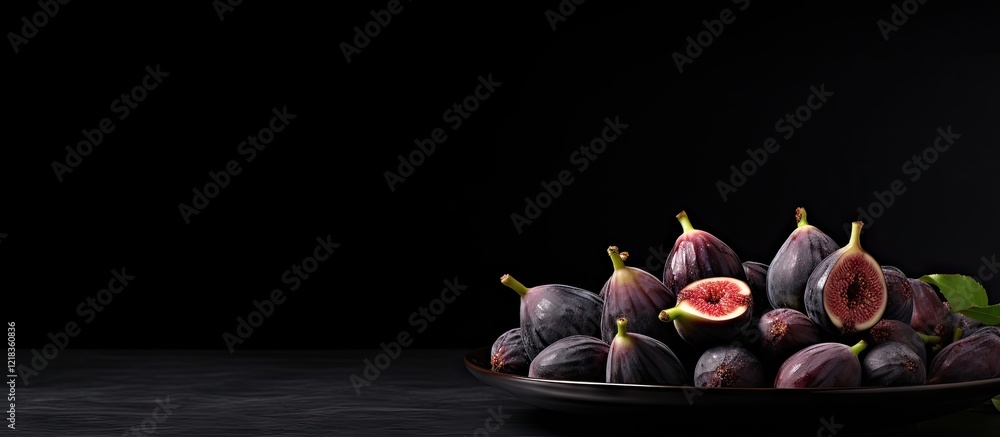 Aufkleber ripe figs in a black plate positioned left against a dark gray backdrop with copy space, showcasing 