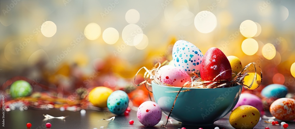 Aufkleber Vibrant Easter scene featuring colorful decorative eggs in a blue bowl surrounded by confetti and soft bokeh lights in a studio setting