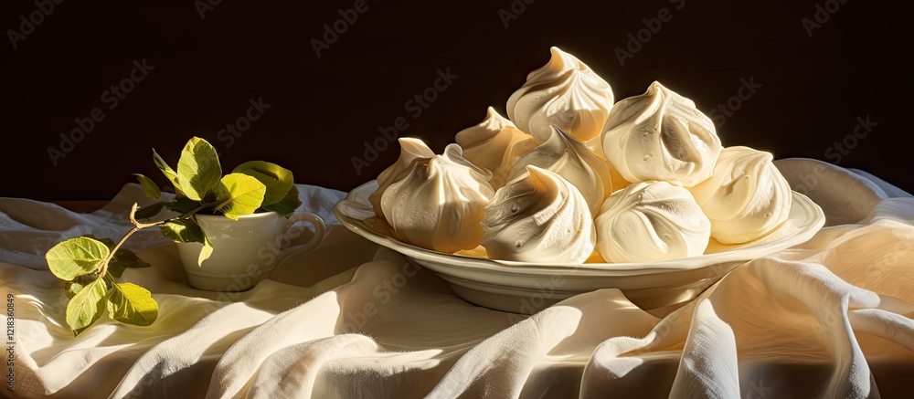 Poster delicate meringues arranged on a white plate with soft golden lighting draping over a beige fabric a