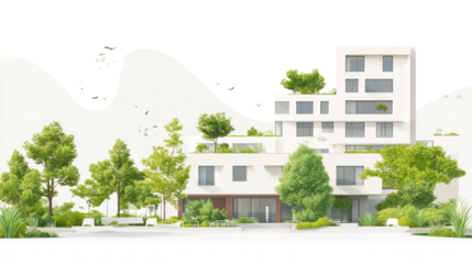 Modern architectural design featuring a multi-story building surrounded by greenery, perfect for illustrating city living and eco-friendly structures.