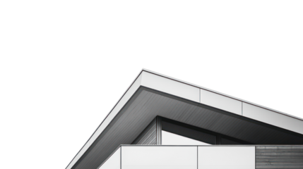 Modern architectural design featuring a sleek, angular roof against a clean white background, emphasizing minimalism and contemporary style.