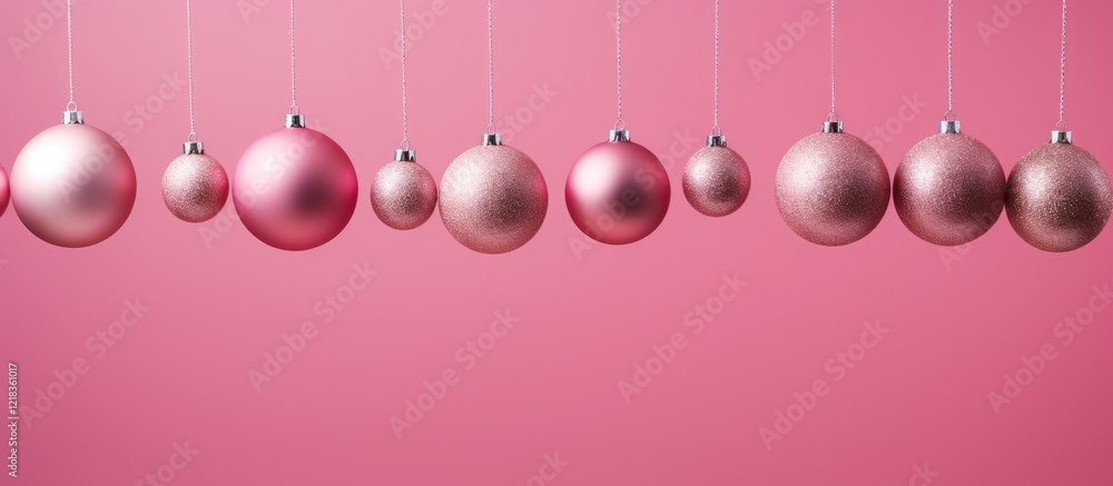 Poster Elegant pink Christmas tree ornaments in various sizes hanging against a soft pink background with ample copy space for personalized text.