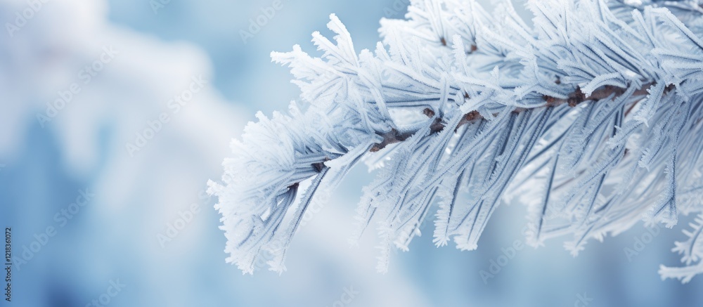 Poster Winter scenery featuring a close-up of a frosted pine branch on the right side with a soft blurred blue background and copy space on the left.