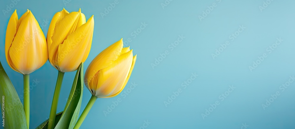 Aufkleber vibrant yellow tulips positioned on the left side against a serene blue backdrop creating a fresh sp