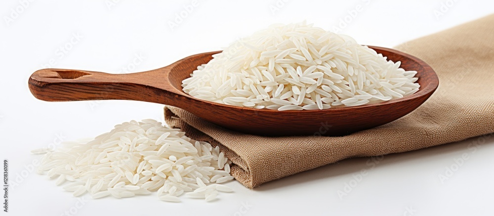 Poster close up of uncooked jasmine rice in a wooden spoon positioned center on a beige cloth with white ba