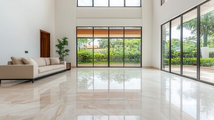 Obraz premium A bright, modern living room featuring a large window with a view of greenery, a beige sofa, and polished marble flooring.