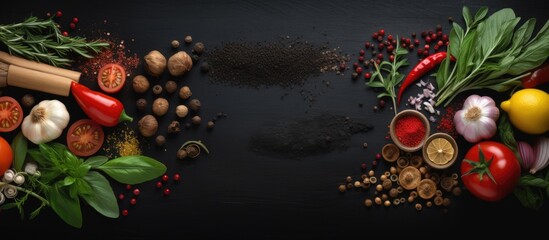 Fresh ingredients on a dark background with vibrant reds yellows greens and earthy tones arranged symmetrically for culinary presentations.
