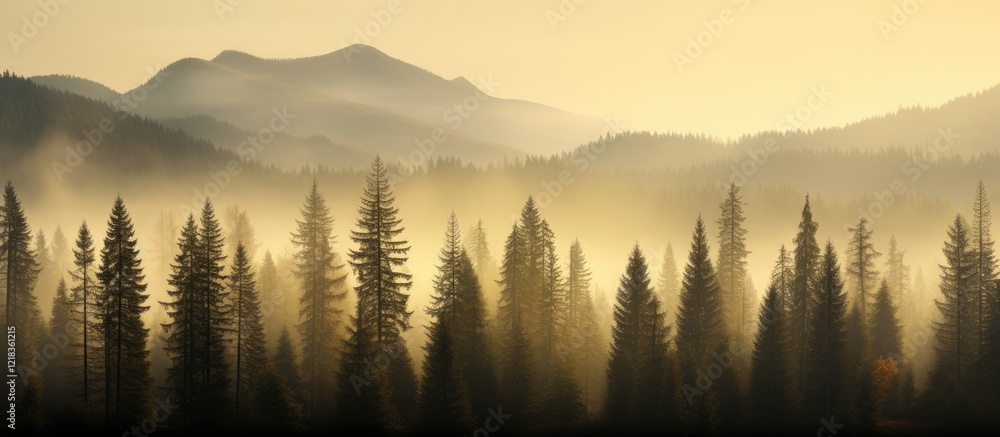 Aufkleber majestic silhouette of evergreen spruce trees in soft morning light with misty mountains in the back