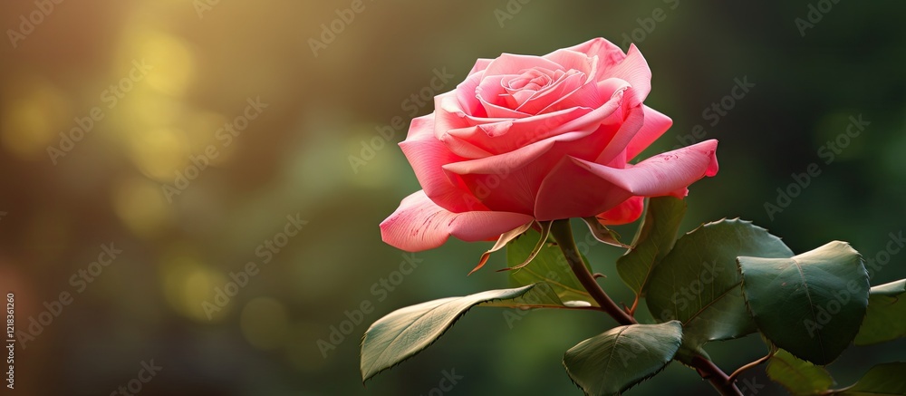 Aufkleber delicate pink rose illuminated by soft sunlight on left with lush green leaves in a blurred natural 