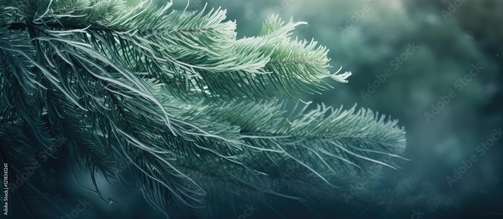Poster Frozen pine tree branch with long green needles set against a soft blurred background, creating a magical fairy tale ambiance and space for text.