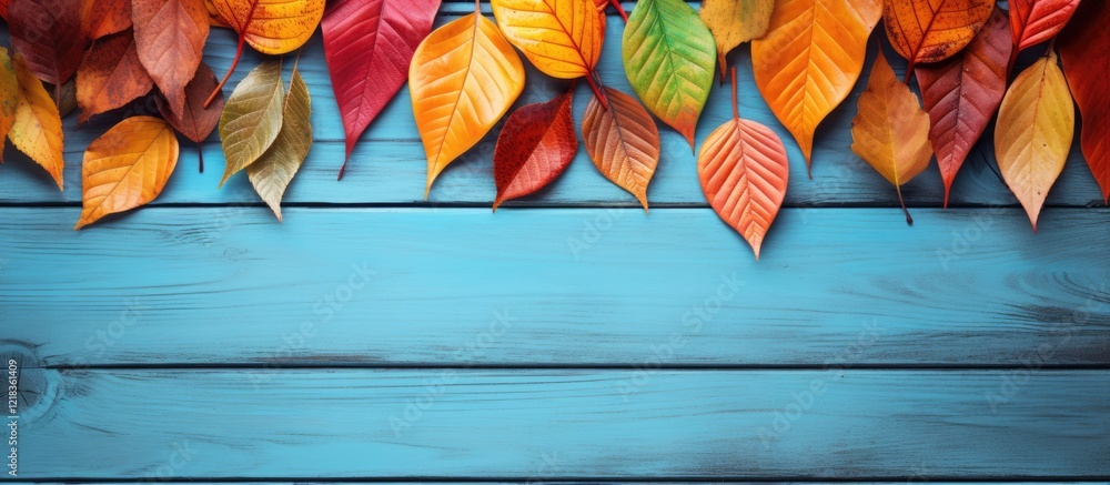 Poster vibrant autumn leaves in shades of red, orange, and yellow on rustic blue wooden planks create a col