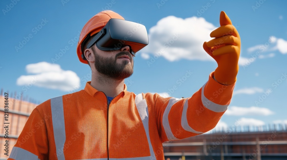 Poster a construction worker wearing a virtual reality headset, interacting with a 3d building layout on a 