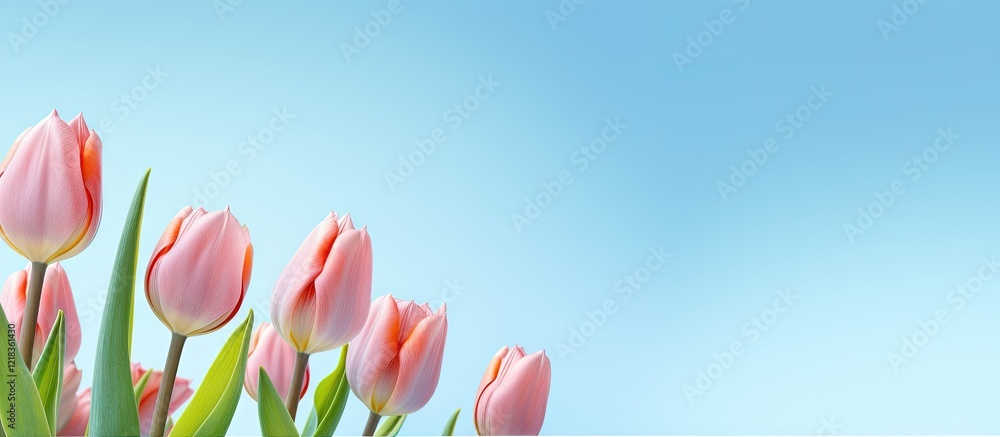 Aufkleber Spring tulips in soft pink hues arranged at the bottom left against a light blue gradient background with ample copy space on the right