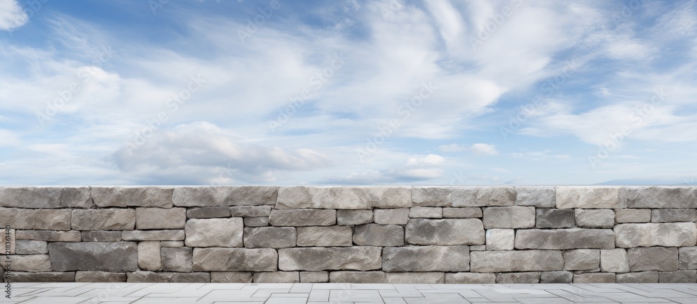 Poster gray concrete stone wall under a bright blue sky with white clouds creating depth and perspective in