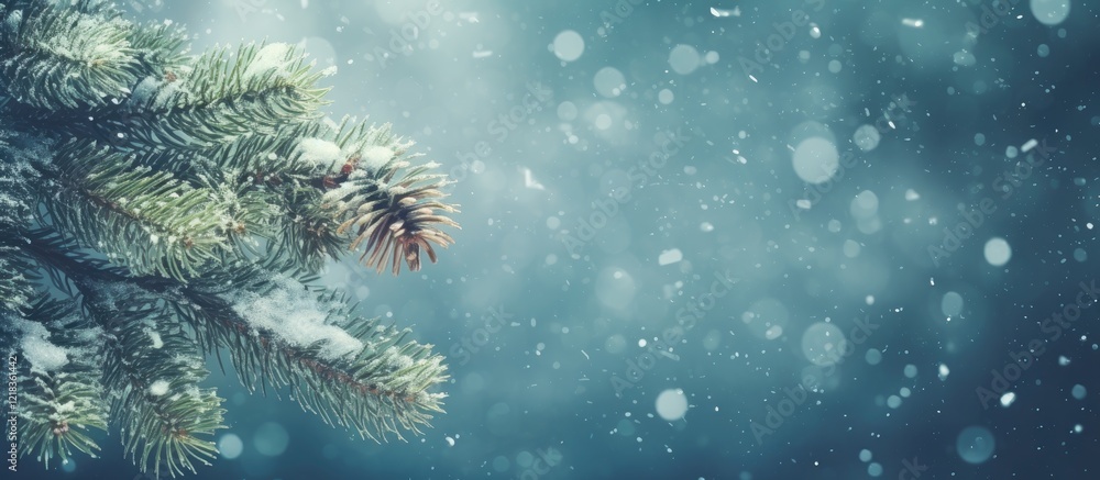 Poster Picturesque winter scene featuring a pine tree branch with delicate snowflakes falling against a soft blue background creating a serene atmosphere