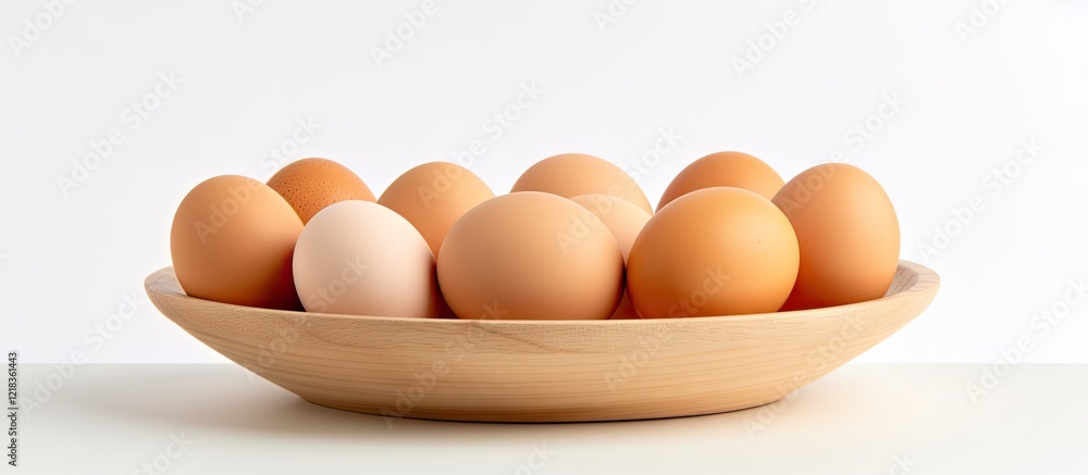Poster fresh brown and white eggs arranged in a wooden bowl on a white background with soft shadows creatin