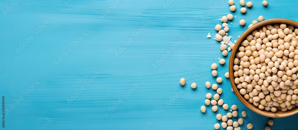 Poster bowl of soybeans on a blue wooden table with scattered beans around, creating ample negative space f