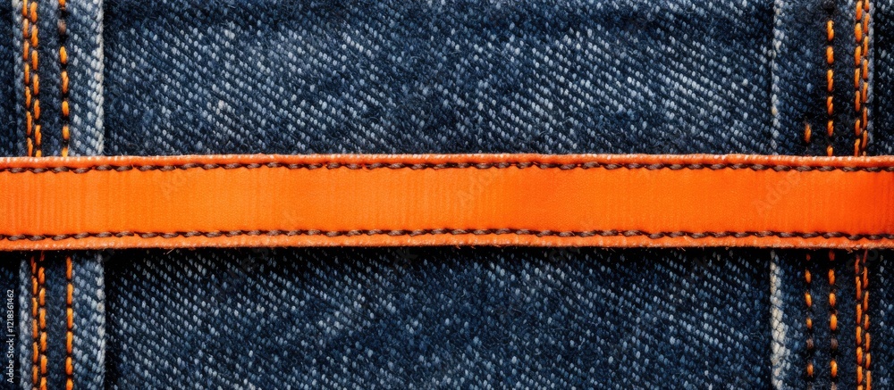 Poster Denim background with vibrant orange double seam centered horizontally, showcasing texture and color contrast for stylish design projects.