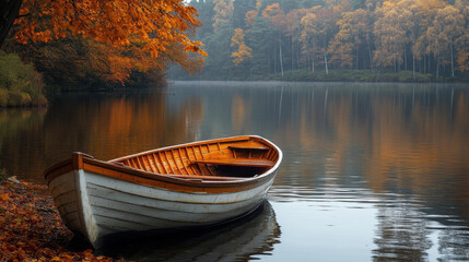 Fototapeta premium serene boat rests on calm lake surrounded by vibrant autumn foliage, reflecting warm colors of fall. peaceful scene evokes sense of tranquility and connection with nature
