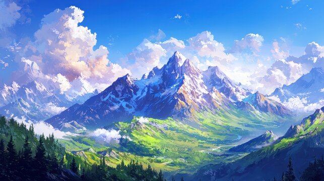 Majestic Alpine Panorama: A Breathtaking View of Snow-Capped Peaks and Verdant Valleys