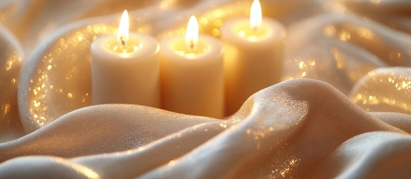 Serene composition of three white candles glowing softly on a textured shimmering ivory fabric creating a calming atmosphere with warm light.