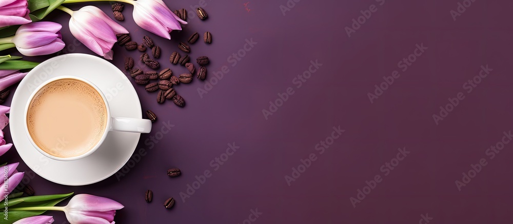 Poster cup of hot beverage placed at the center with vibrant pink tulips and coffee beans on a soft purple 