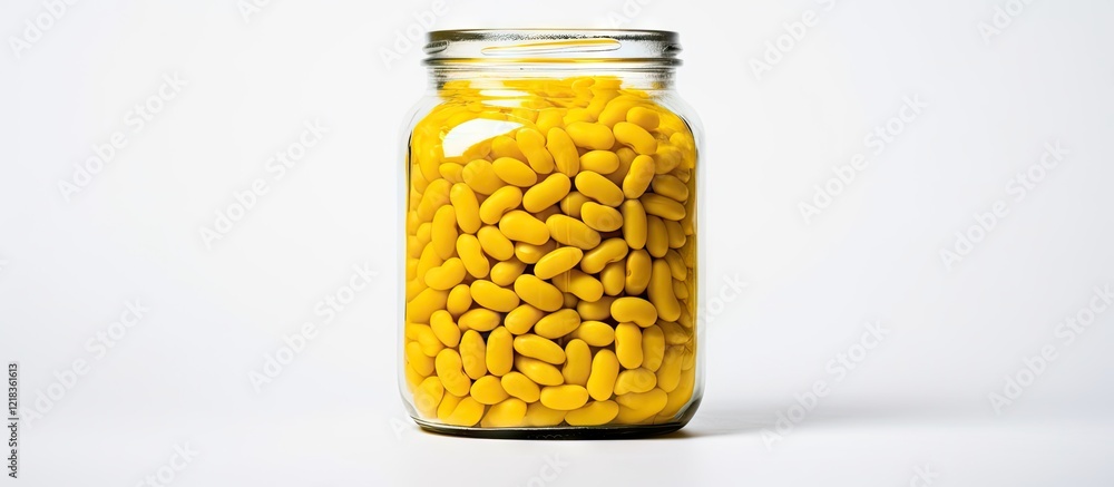 Aufkleber vibrant yellow beans in a clear jar centered on a white background with ample negative space for tex