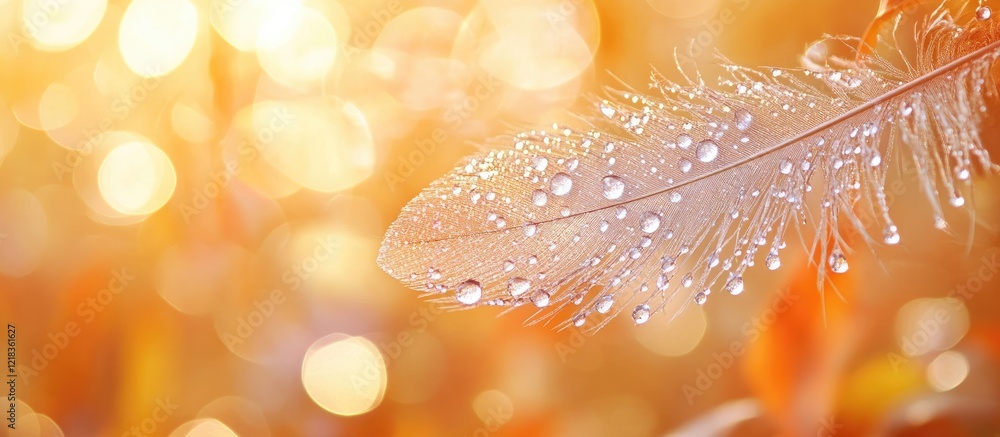 Aufkleber delicate feather with water droplets on it illuminated by warm golden sunlight, set against a blurre