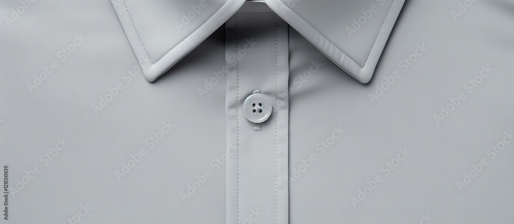 Poster Gray button-up shirt with a sharp collar centered in the image, featuring a single white button, soft textured fabric highlighted by subtle shadows.