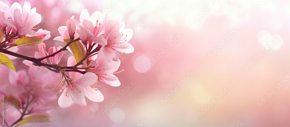 Aufkleber blooming pink flowers on soft blurred pastel background with ample copy space for text positioned on