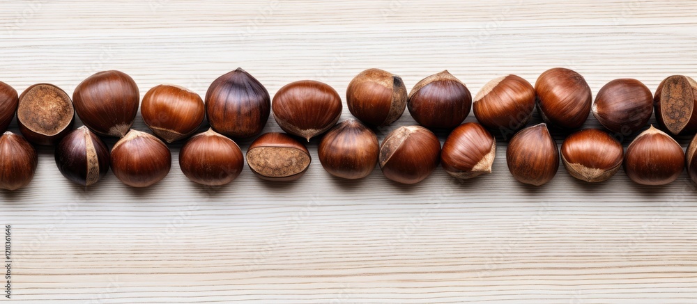 Poster Roasted chestnuts neatly arranged on a light wooden table with a white background creating ample copy space for text or graphic elements.