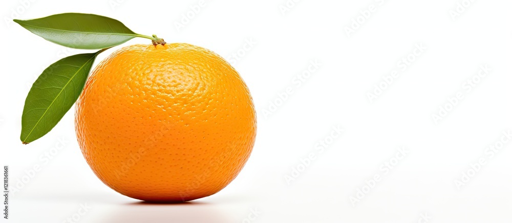 Poster vibrant orange fruit with green leaves positioned on the left against a clean white background creat