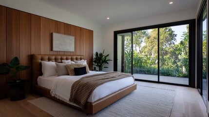 A modern bedroom featuring a large bed, wooden accents, and floor-to-ceiling windows overlooking greenery.