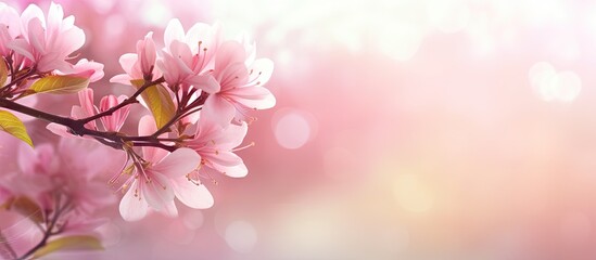 Blooming pink flowers on soft blurred pastel background with ample copy space for text positioned on the right side of the image