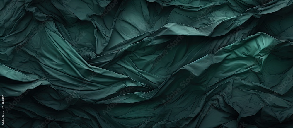 Poster dark green textured fabric with deep folds and creases, creating a rich abstract background, suitabl