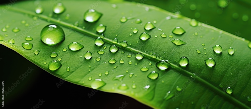 Poster close-up of a vibrant green leaf with crystal-clear water droplets, dark blurred background providin