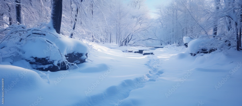 Poster serene winter scene featuring a winding snow-covered path leading into a tranquil snowy forest with 