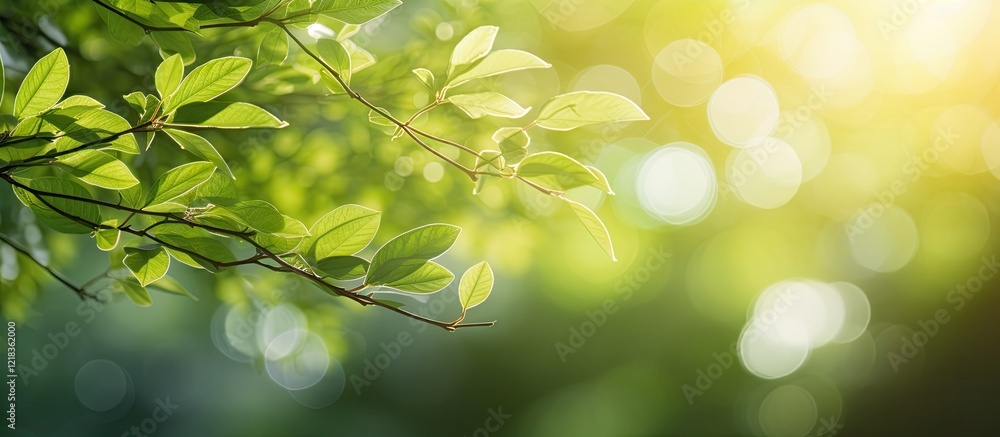 Poster Vibrant green foliage with soft sunlight creating a bokeh effect in the background, ideal for copy space and nature-themed designs.