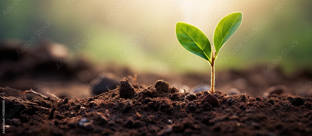 Poster fresh green seedling emerging from rich dark soil, softly illuminated by warm light, ideal for text 