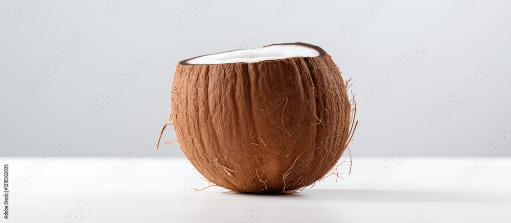 Poster brown coconut with rough exterior positioned centrally on a light gray surface against a minimalisti