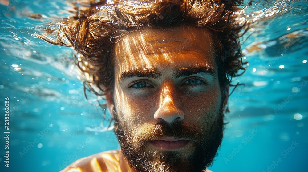 Poster A young man floats effortlessly underwater, his expression calm and introspective