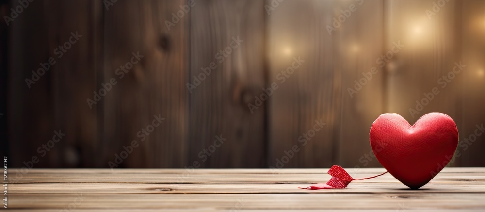 Poster Romantic red heart decoration on rustic wooden surface with soft bokeh lights in background creating a warm Valentine's Day atmosphere